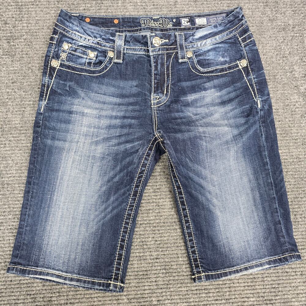Miss Me Easy Bermuda Shorts Womens 29 Blue Mid Rise Rhinestone Embellished Jorts